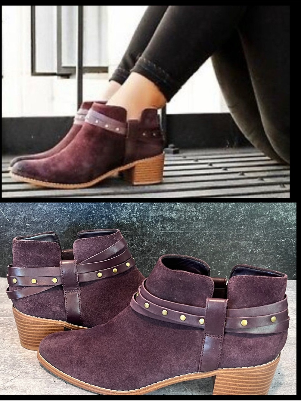 Clarks Plum Suede Somerset Breccan Ankle Boot Bootie 9, Studded Decorative Strap
